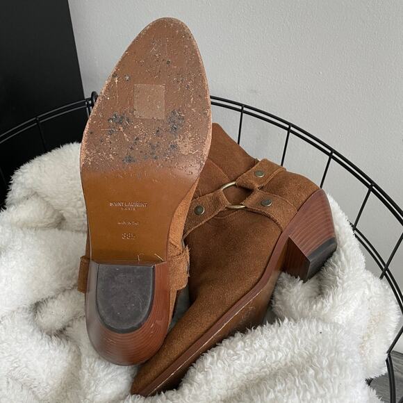 Authentic Saint Laurent Brown Suede Leather Harness Pointed Ankle Boots - Picture 7 of 7